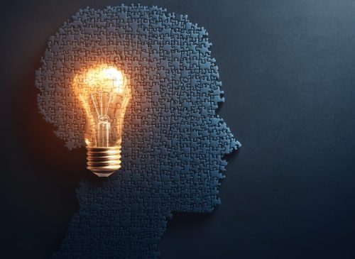 Ampoule lumineuse dans une silhouette formée de pièces de puzzle